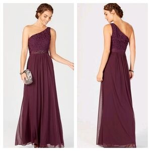 Adrianna Papell Purple Currant One-Shoulder Lace Chiffon Dress Size 14